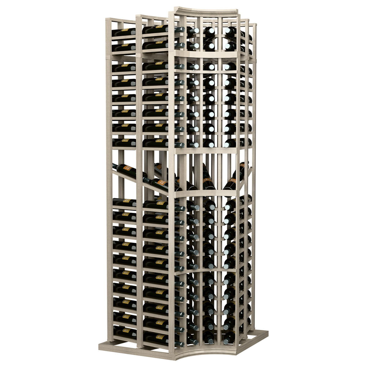 Curved corner wine display rack with 4 columns and double-deep bottle storage, 7 ft.