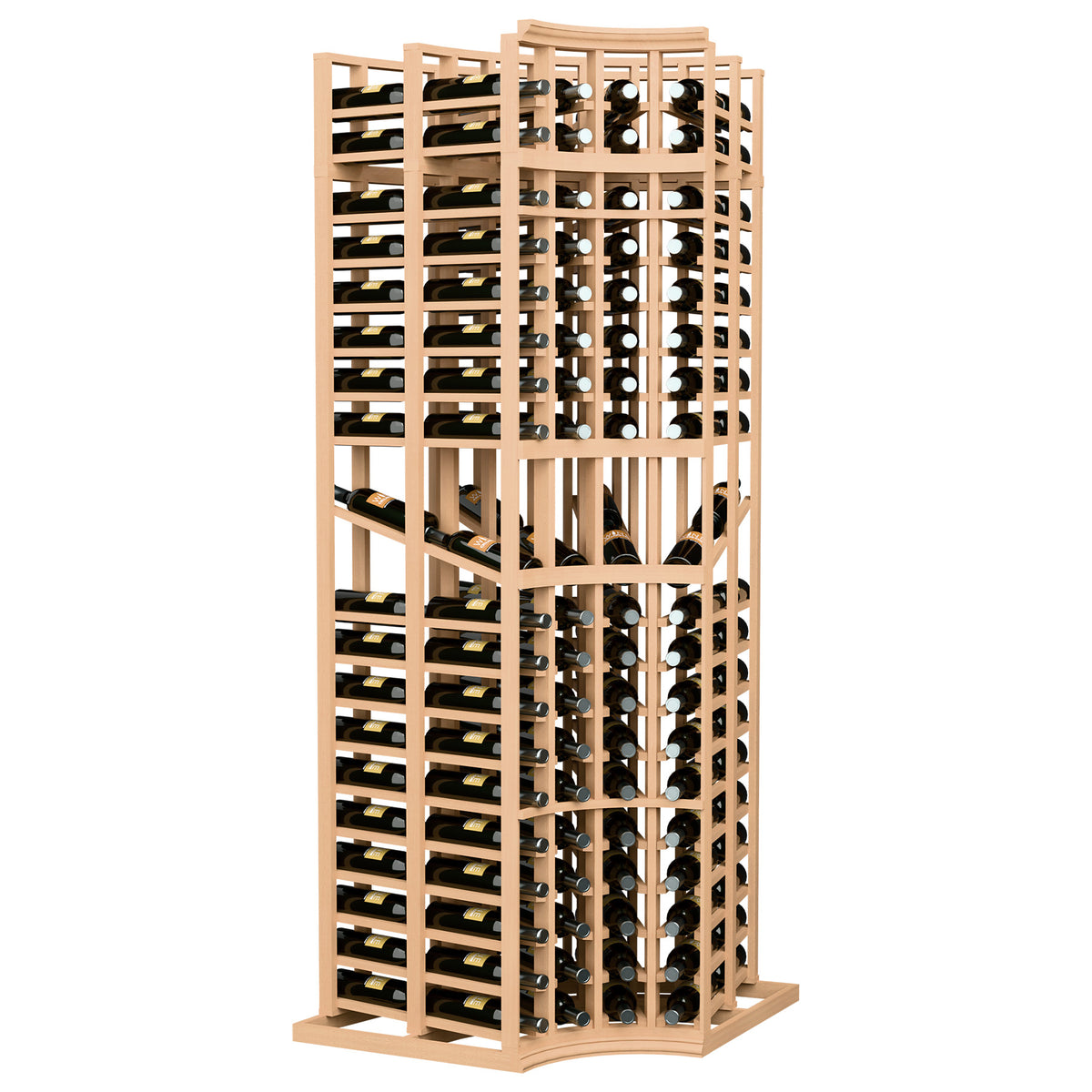 Natural wood curved corner wine display rack, 4 columns, double-deep bottle slots, 7 ft.