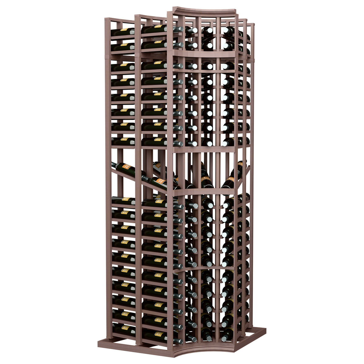 Dark wood curved corner wine display rack with 4 columns, double-deep bottle storage, 7 ft.