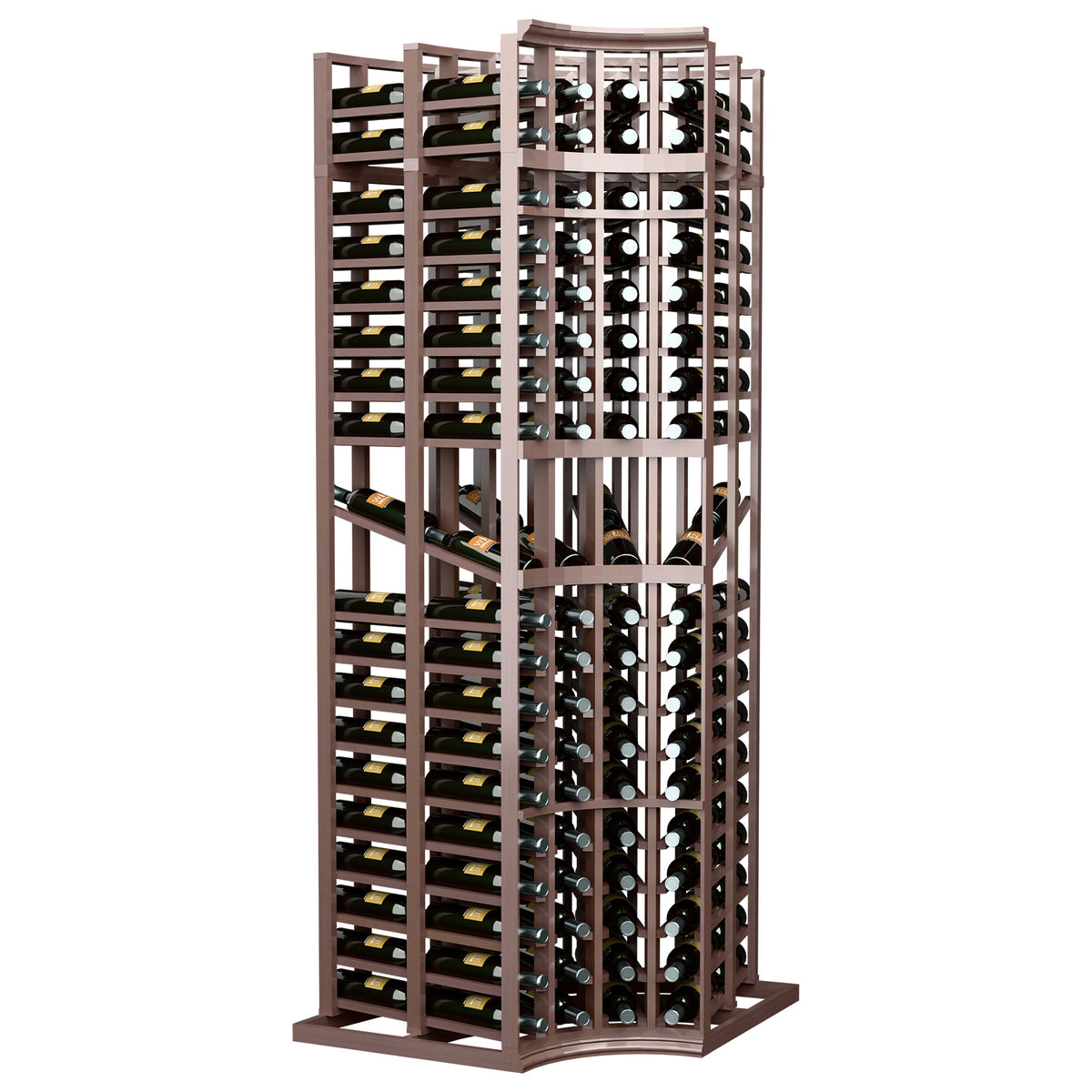 Deep-toned curved corner wine rack, 4 columns, double-deep bottle slots, 7 ft height.