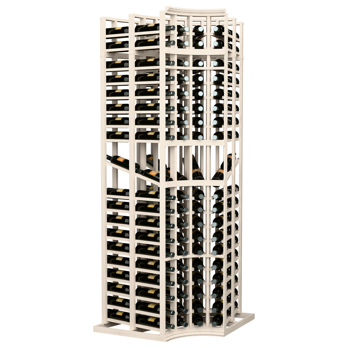 White-finished curved corner wine display rack with 4 columns, double-deep slots, 7 ft.