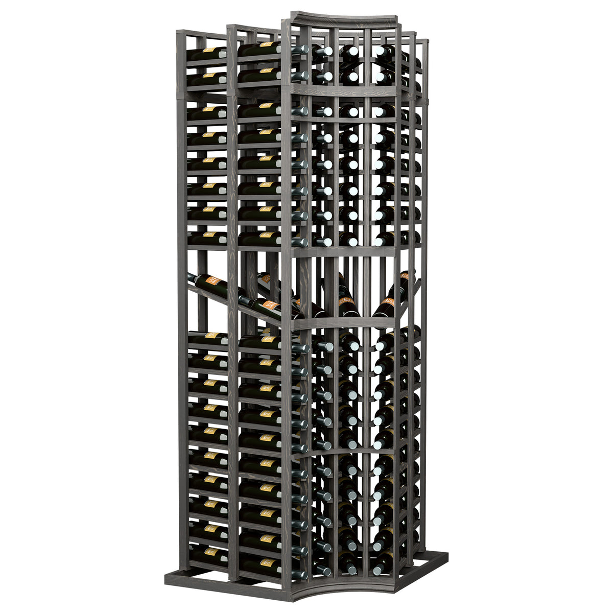 Curved corner wine display rack with 4 columns, dark gray frame and bottle slots