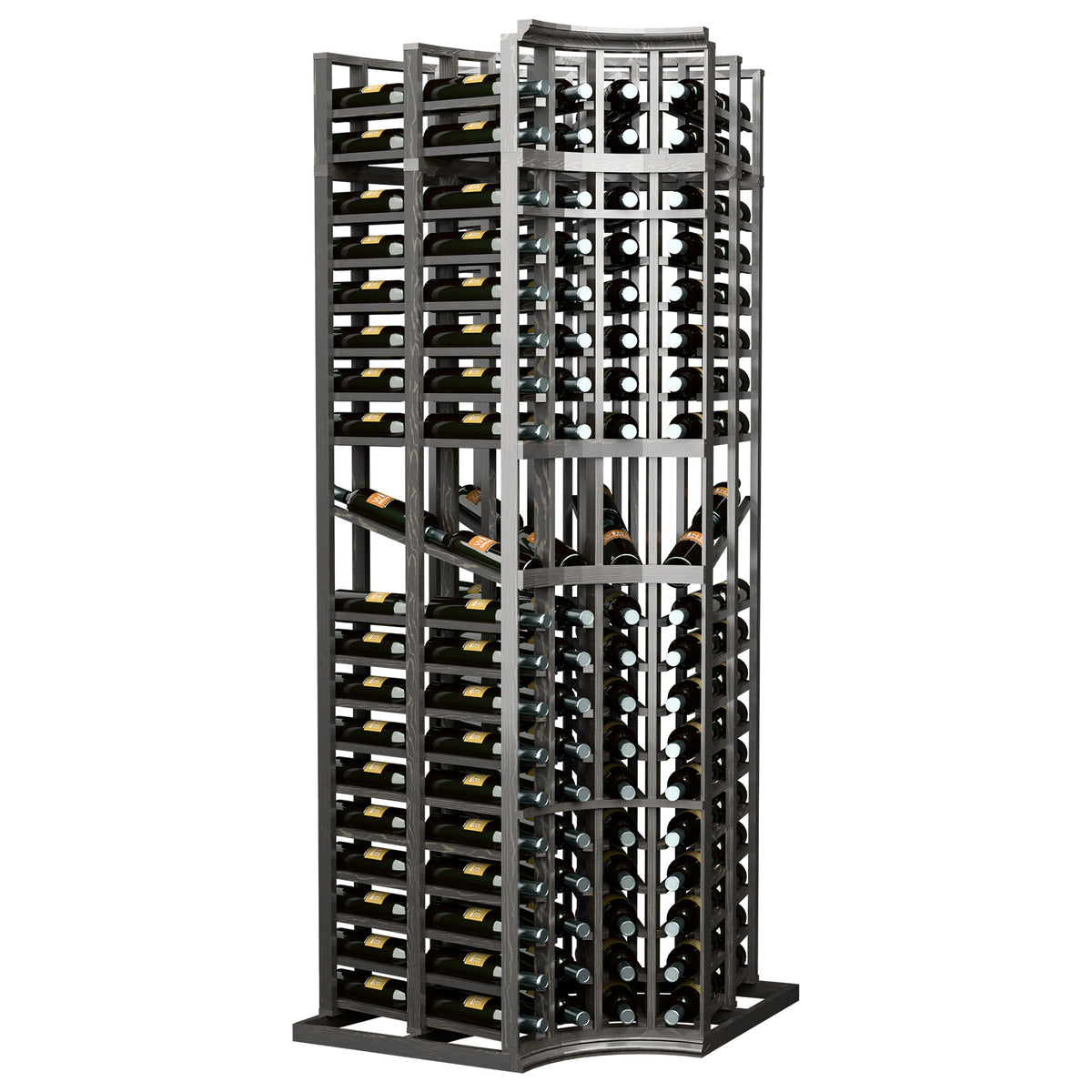 Curved corner wine display rack with 4 columns, dark gray frame and bottle slots