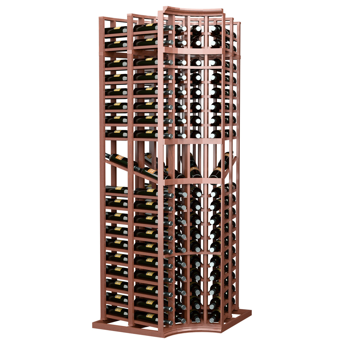 Curved corner wine display rack with 4 columns, reddish-brown wood frame and bottle slots