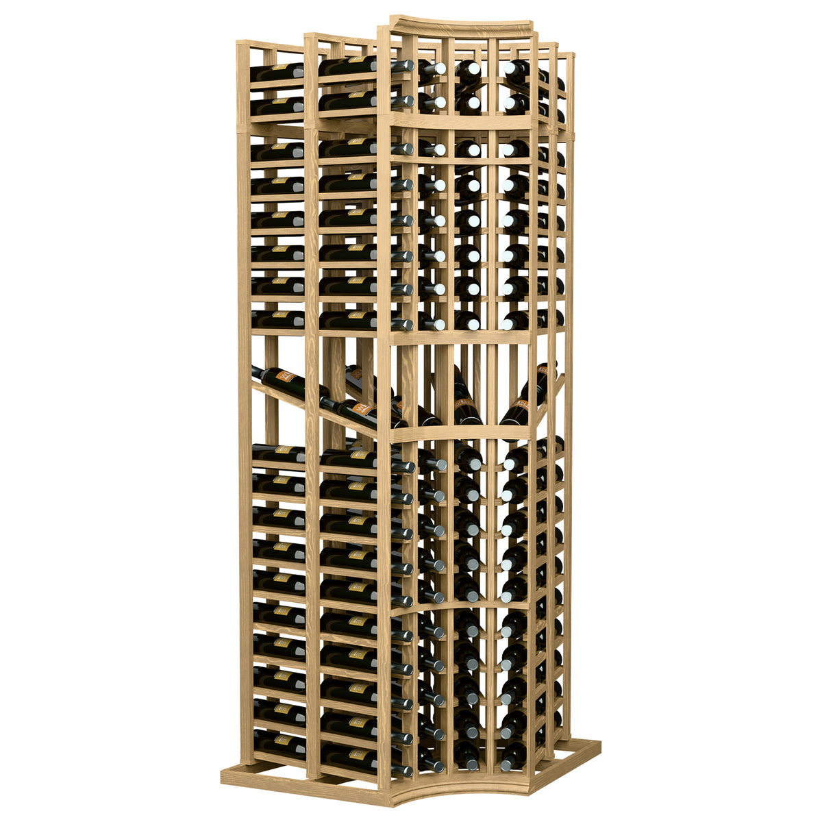 Curved corner wine display rack with 4 columns, light wood frame and bottle slots