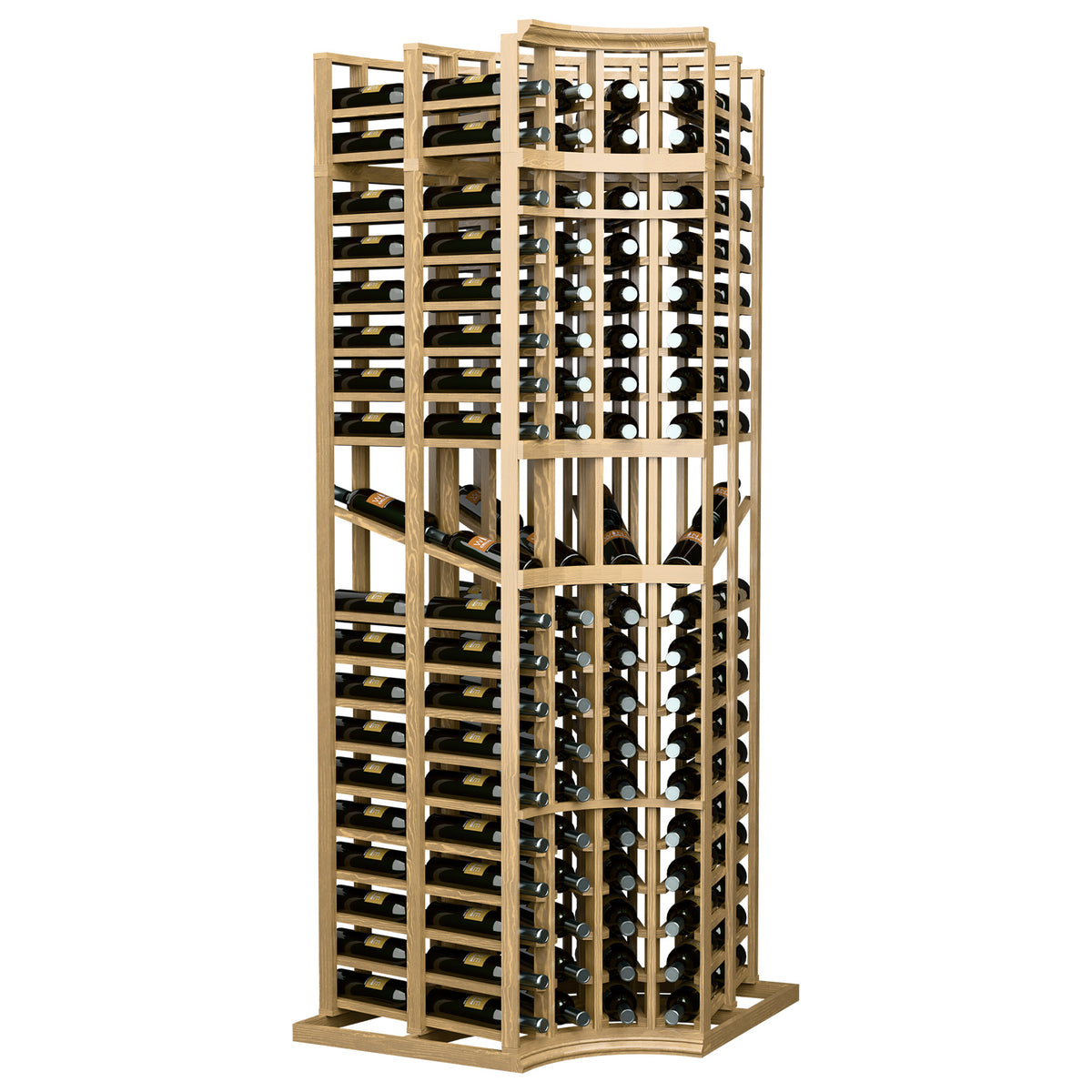 Curved corner wine display rack with 4 columns, light wood frame and bottle slots