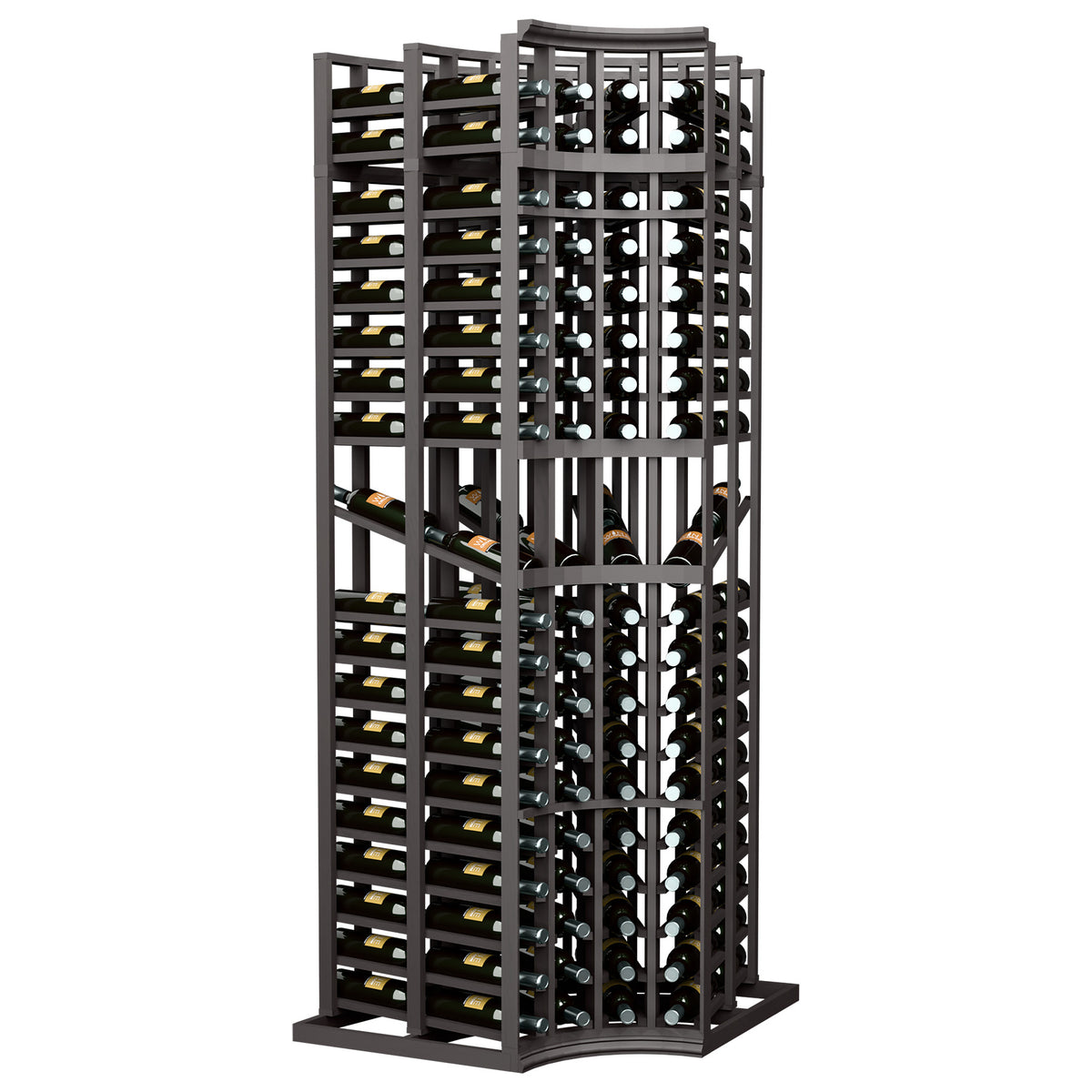 Curved corner wine display rack with 4 columns, dark gray frame and bottle slots