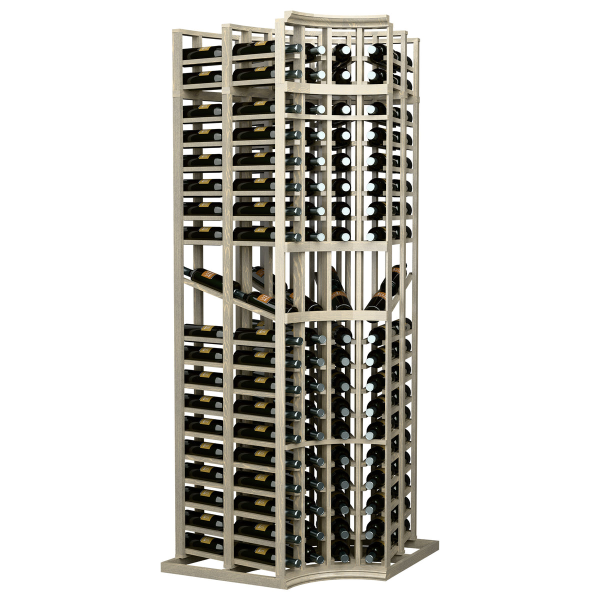 4-column curved corner wine bottle display rack, double-deep, light wood frame and black bottle rows