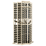 4-column curved corner wine bottle display rack, double-deep, light wood frame with front bottle bays