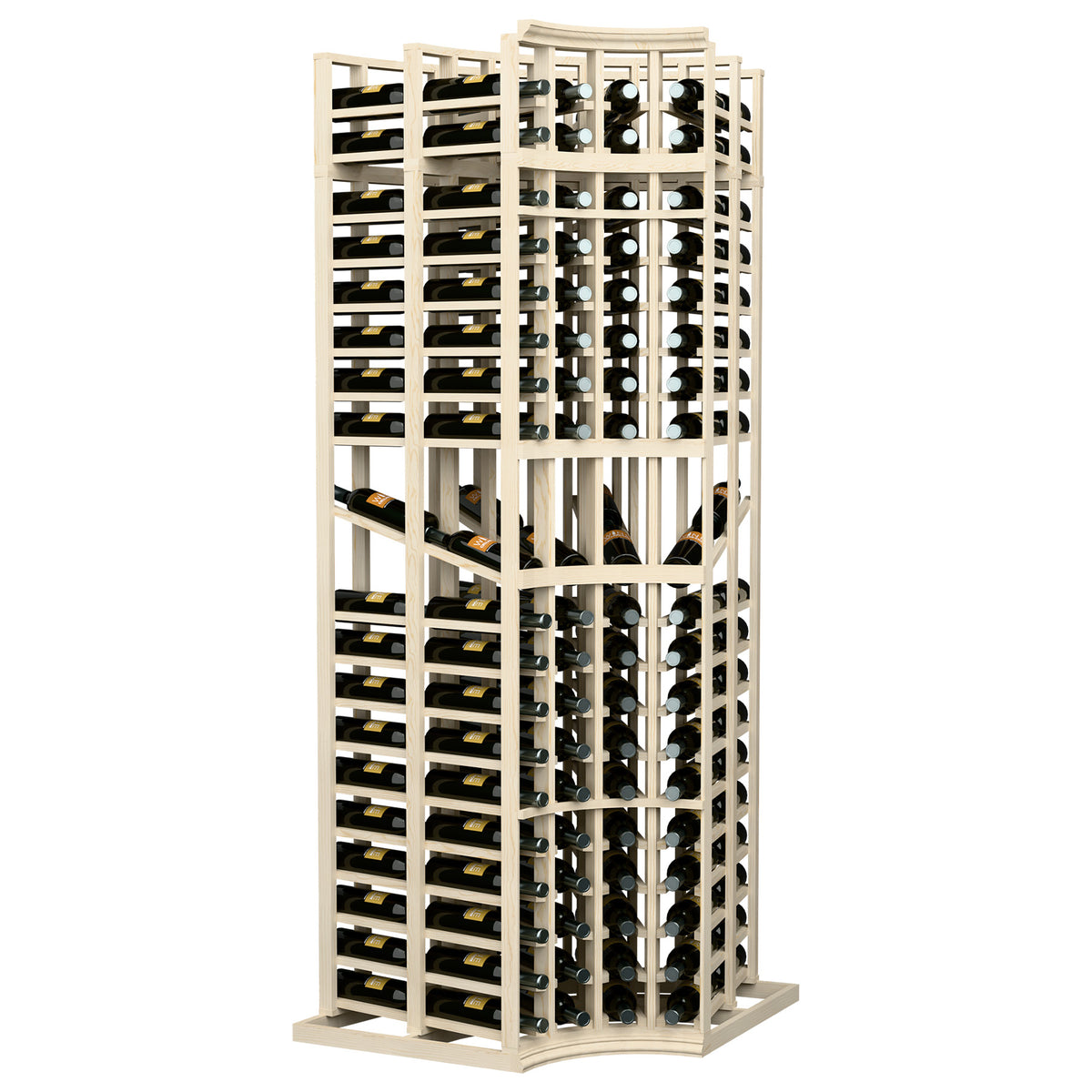 4-column curved corner wine bottle display rack, double-deep, light wood frame with front bottle bays