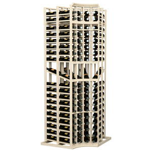 4-column curved corner wine bottle display rack, double-deep, light wood frame with front bottle bays