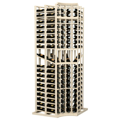4-column curved corner wine bottle display rack, double-deep, light wood frame with front bottle bays