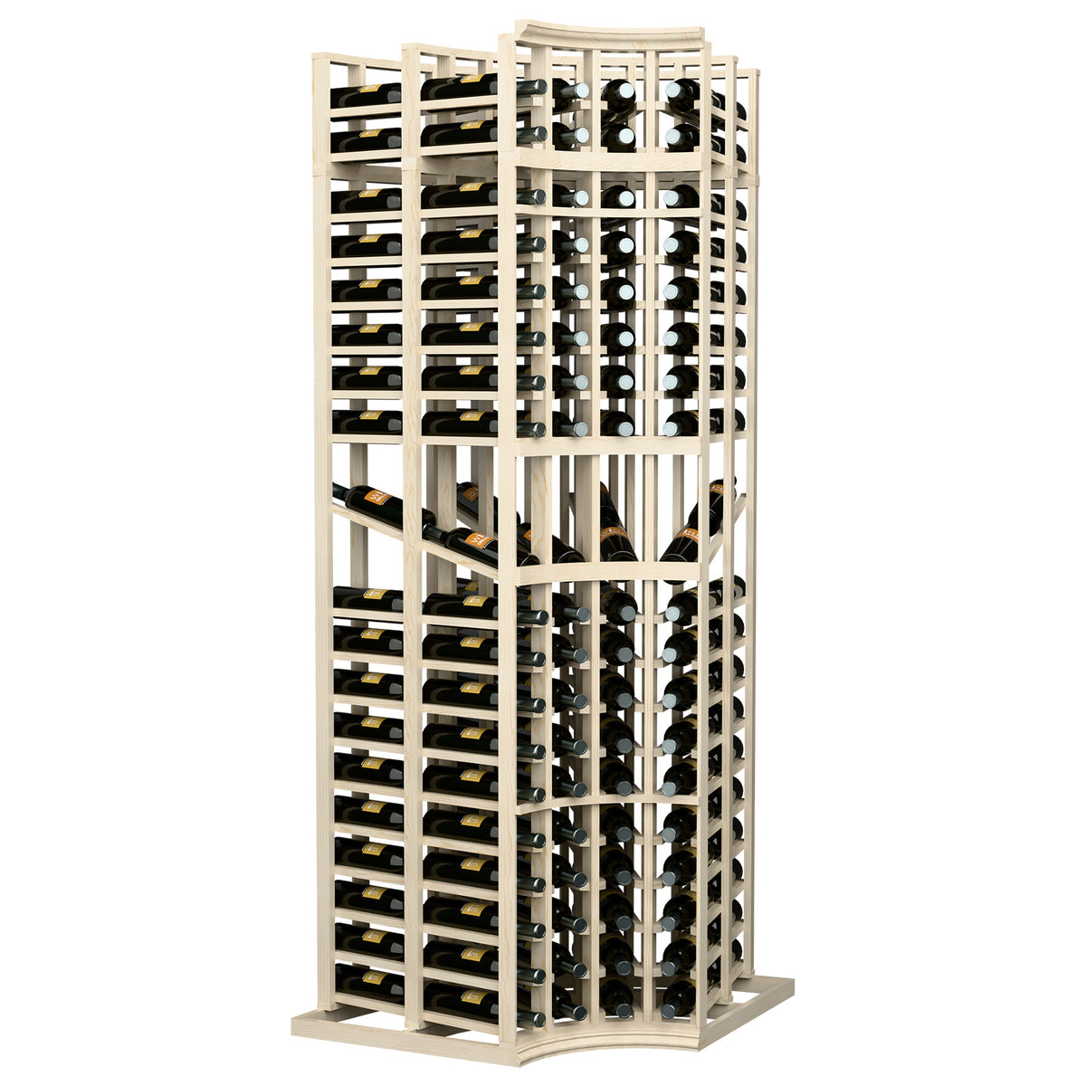 4-column curved corner wine bottle display rack, double-deep, pale wood frame with curved base