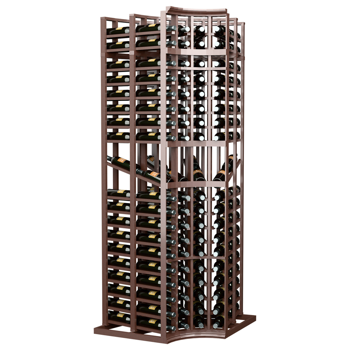 4-column curved corner wine bottle display rack, double-deep, dark wood with front bottle holders