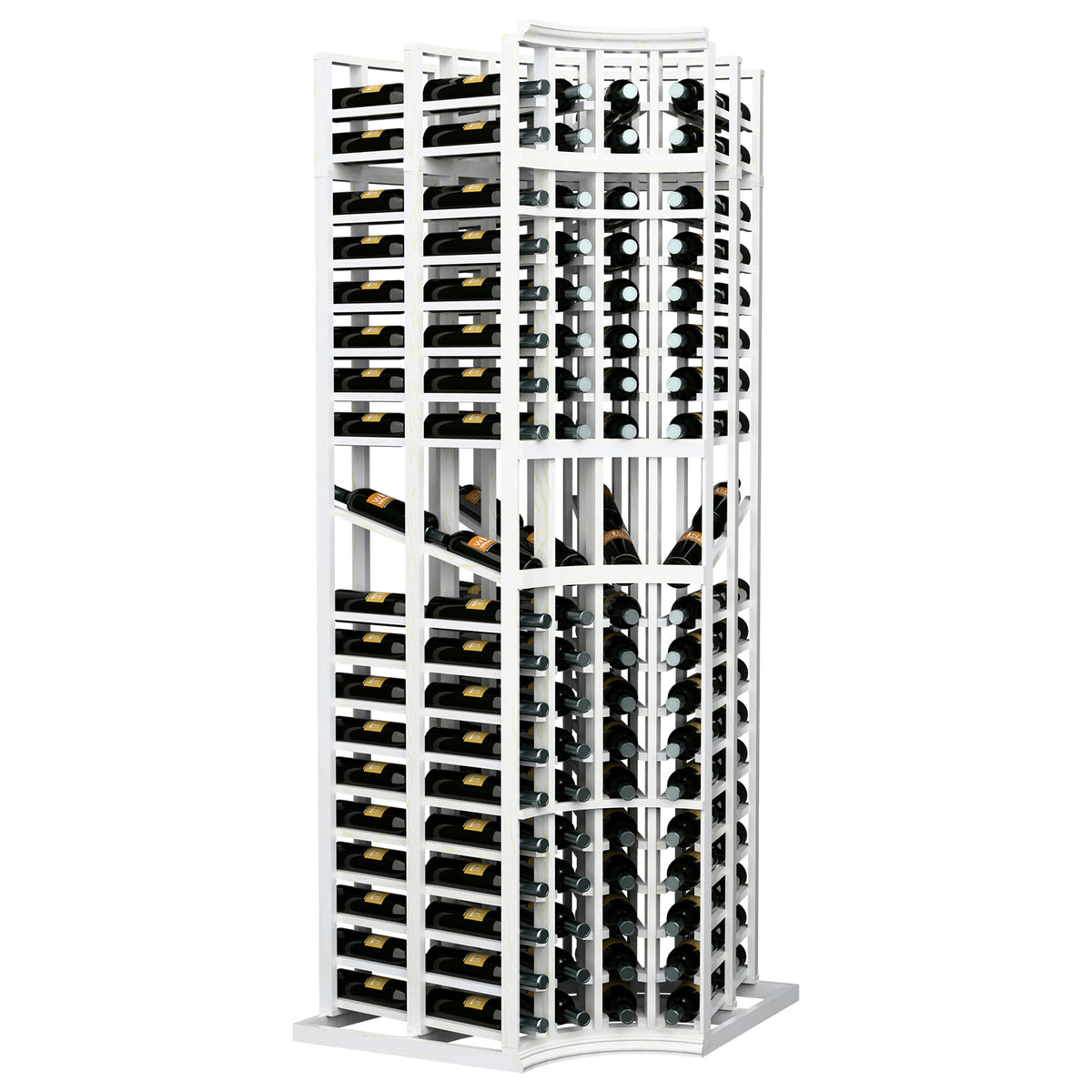 4-column curved corner wine bottle display rack, double-deep, white frame and dense bottle slot rows