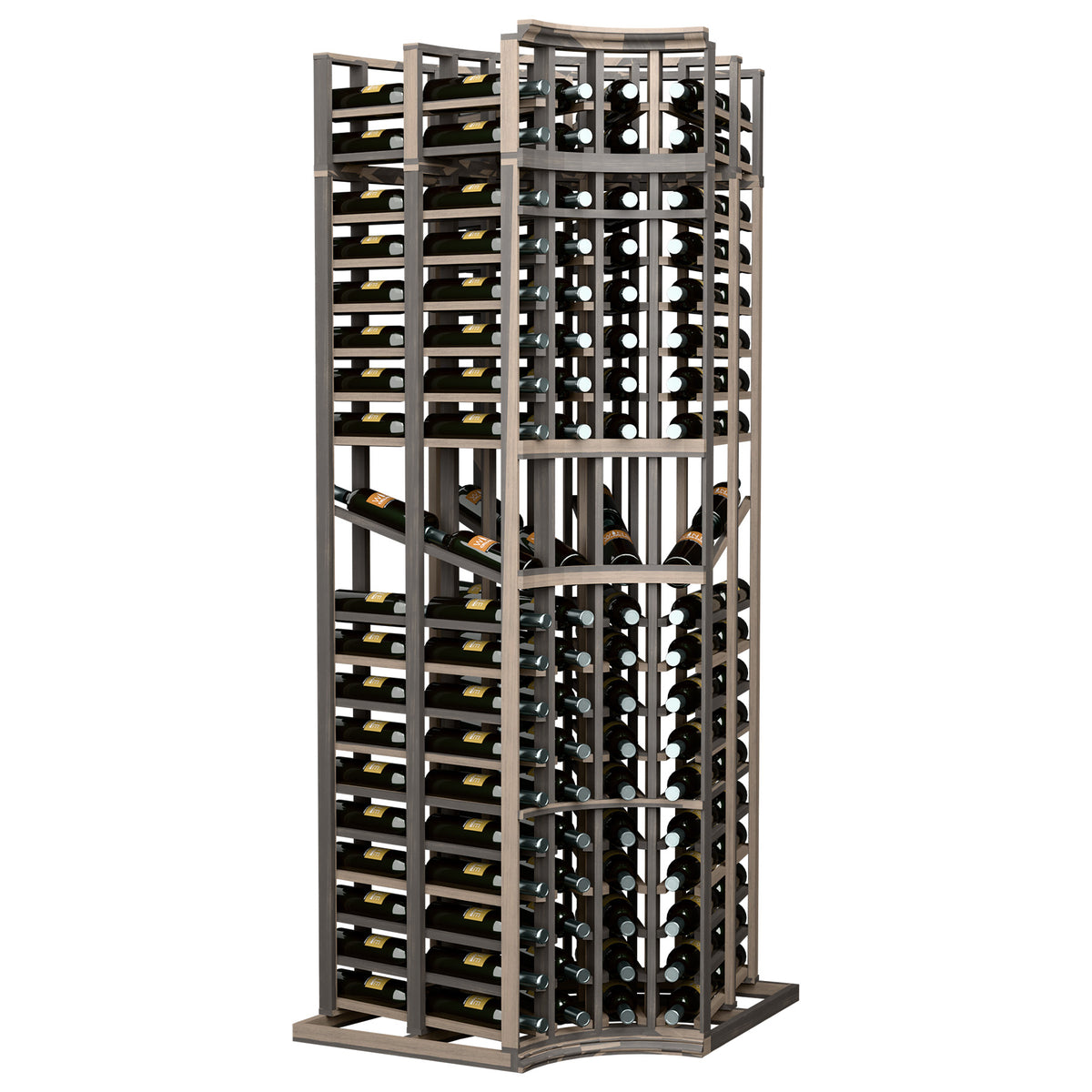 Curved-corner wine bottle display rack with dark frame and multi-level bottle slots