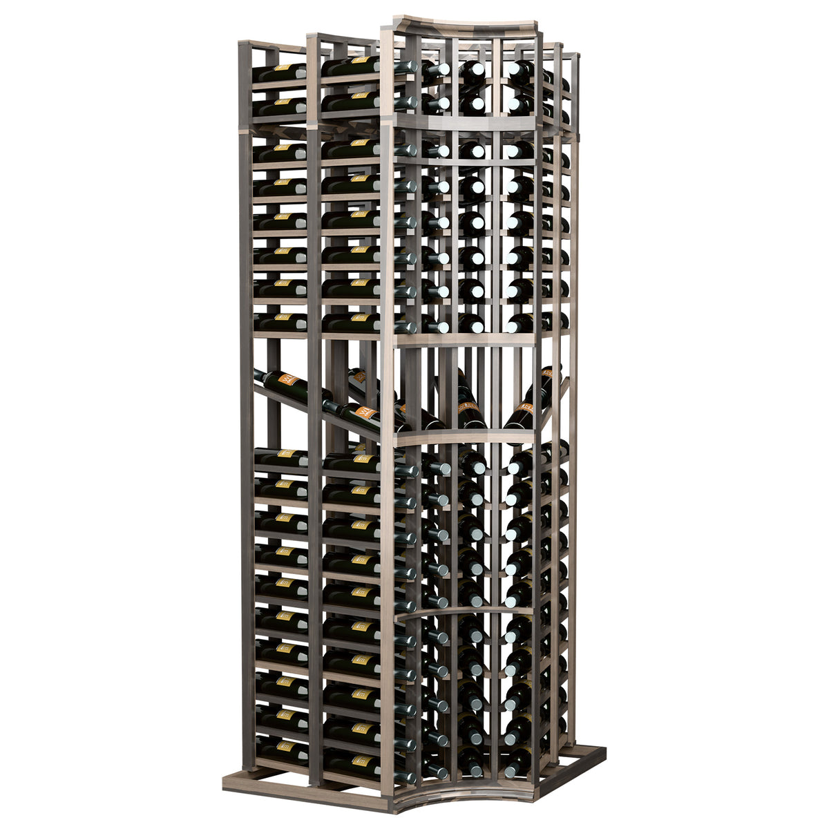 Curved-corner wine bottle display rack with dark frame and front circular bottle cutouts