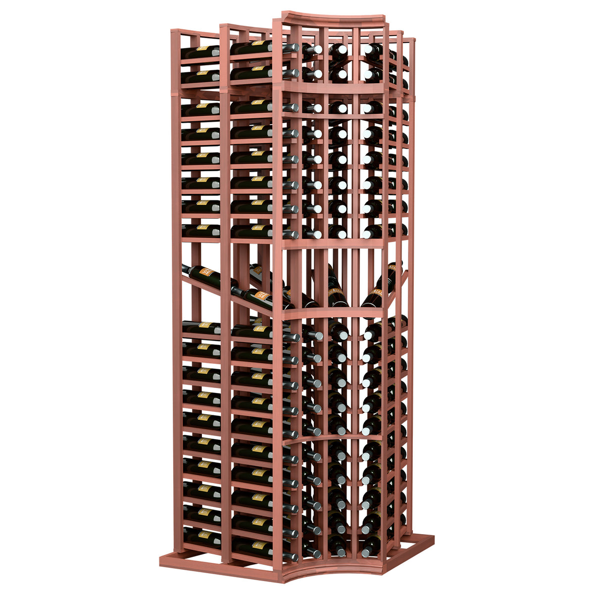 Curved-corner wine bottle display rack with reddish wood frame and multi-level slots