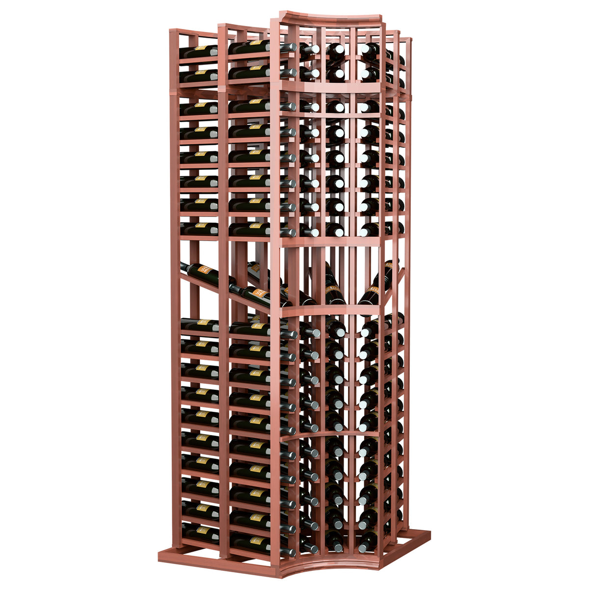 Curved-corner wine bottle display rack with reddish wood frame and arched bottom opening