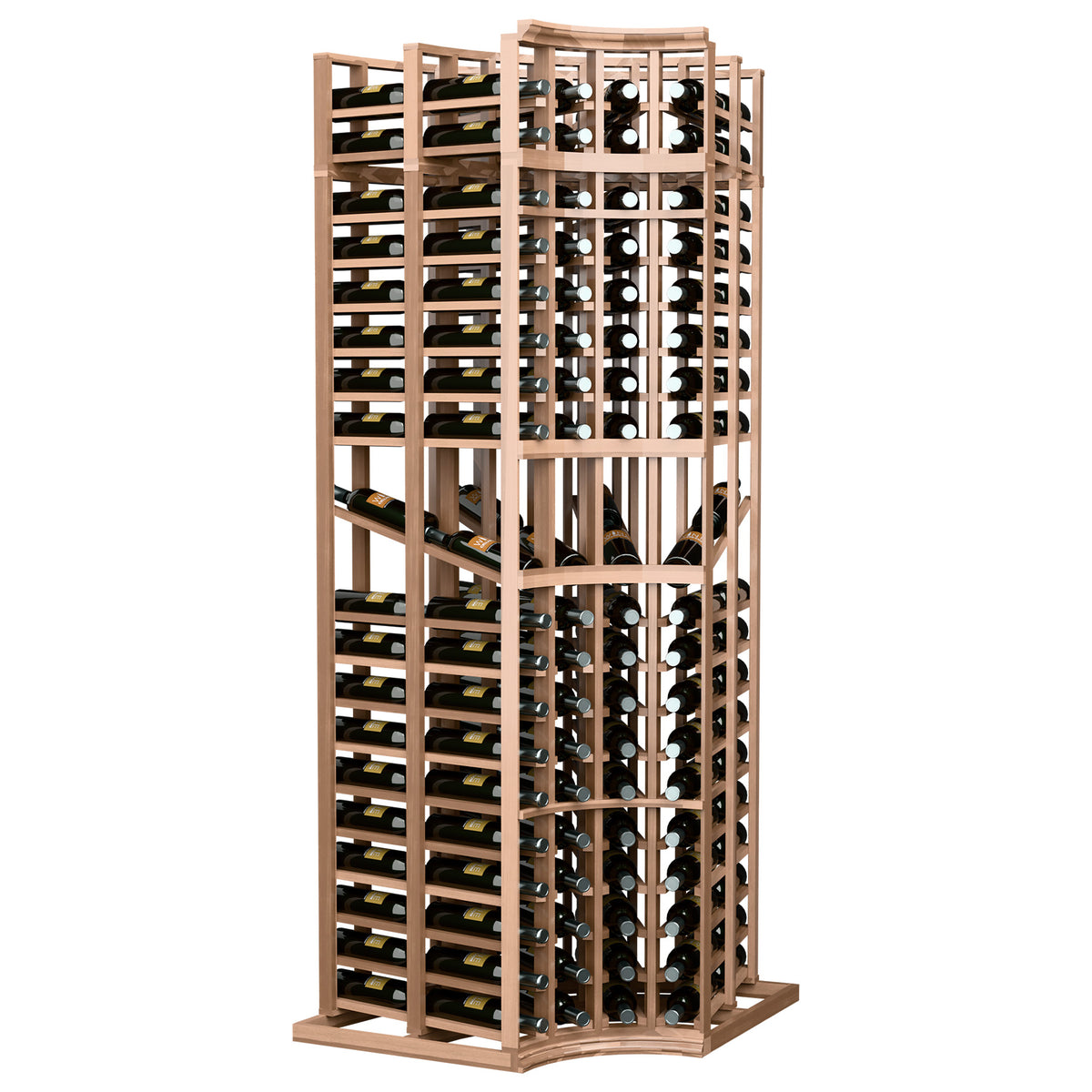 Curved-corner wine bottle display rack with light wood frame and circular front bottle rows