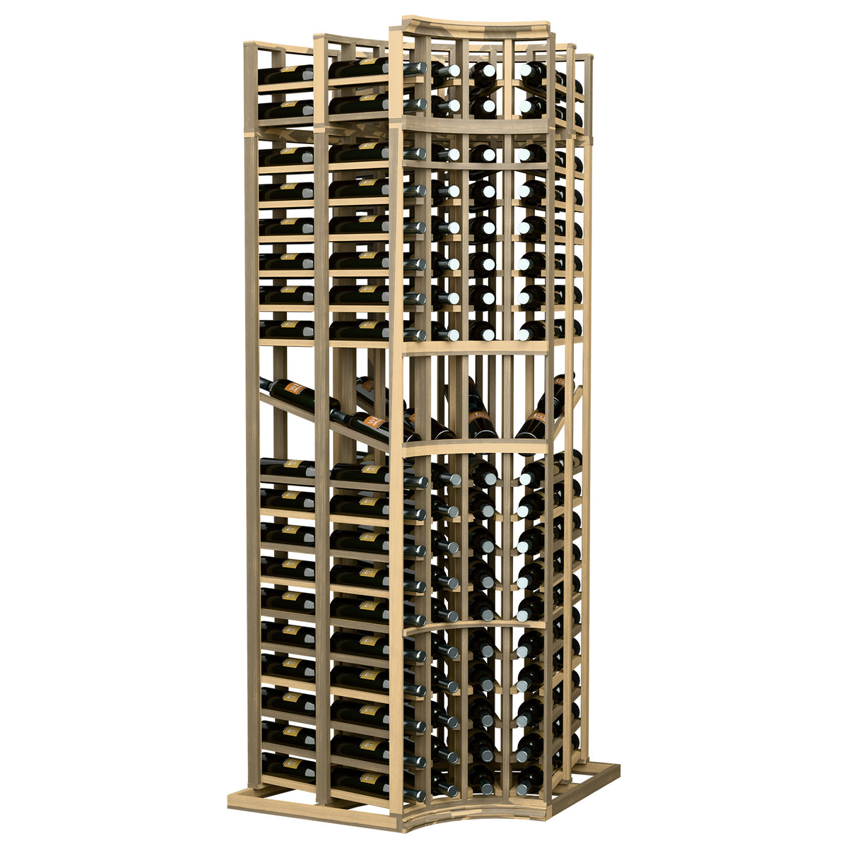 Curved-corner wine bottle display rack with pale wood frame and multi-level bottle storage