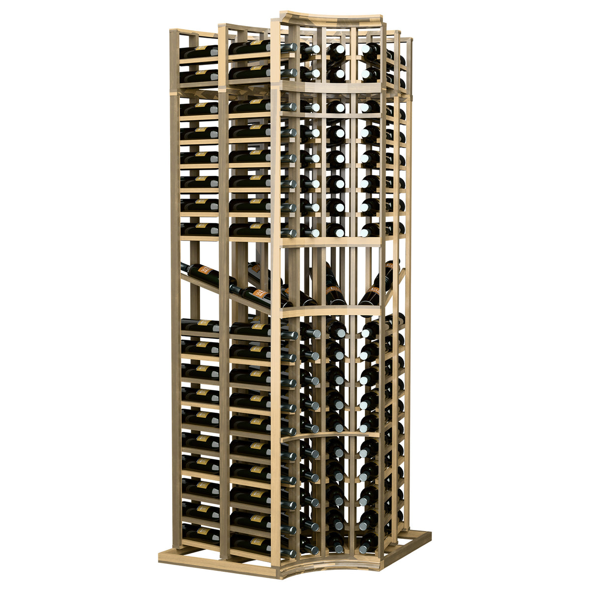 Curved-corner wine bottle display rack with pale wood frame and arched front bottle openings