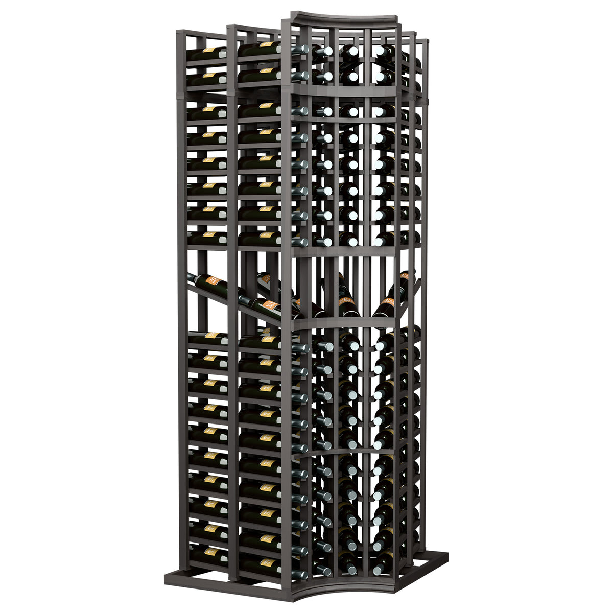 Curved-corner wine bottle display rack with dark frame and tightly spaced bottle holders