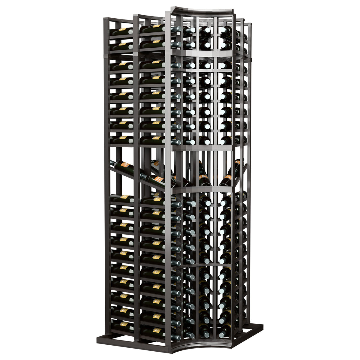 Curved-corner wine bottle display rack with dark frame and multi-level wine bottle slots