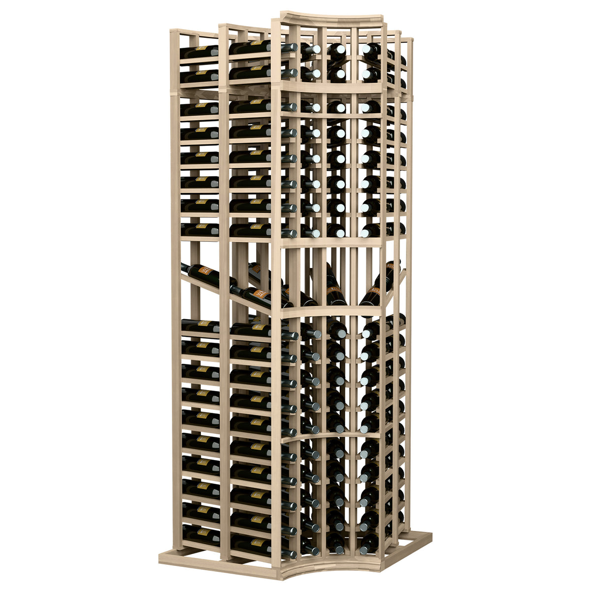 Curved-corner double deep wine display rack with light wood frame and bottle cubbies