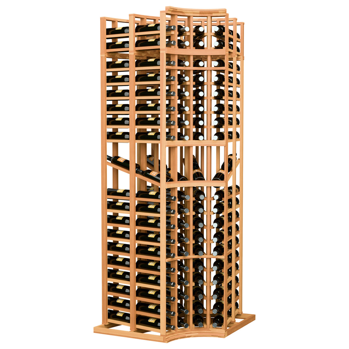 Curved-corner double deep wine display rack with warm wood frame and bottle cubbies