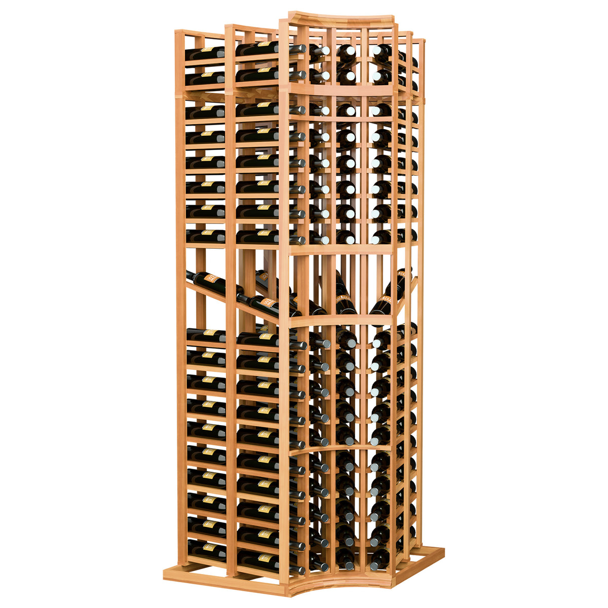 Curved-corner double deep wine display rack, warm wood frame with organized bottle rows