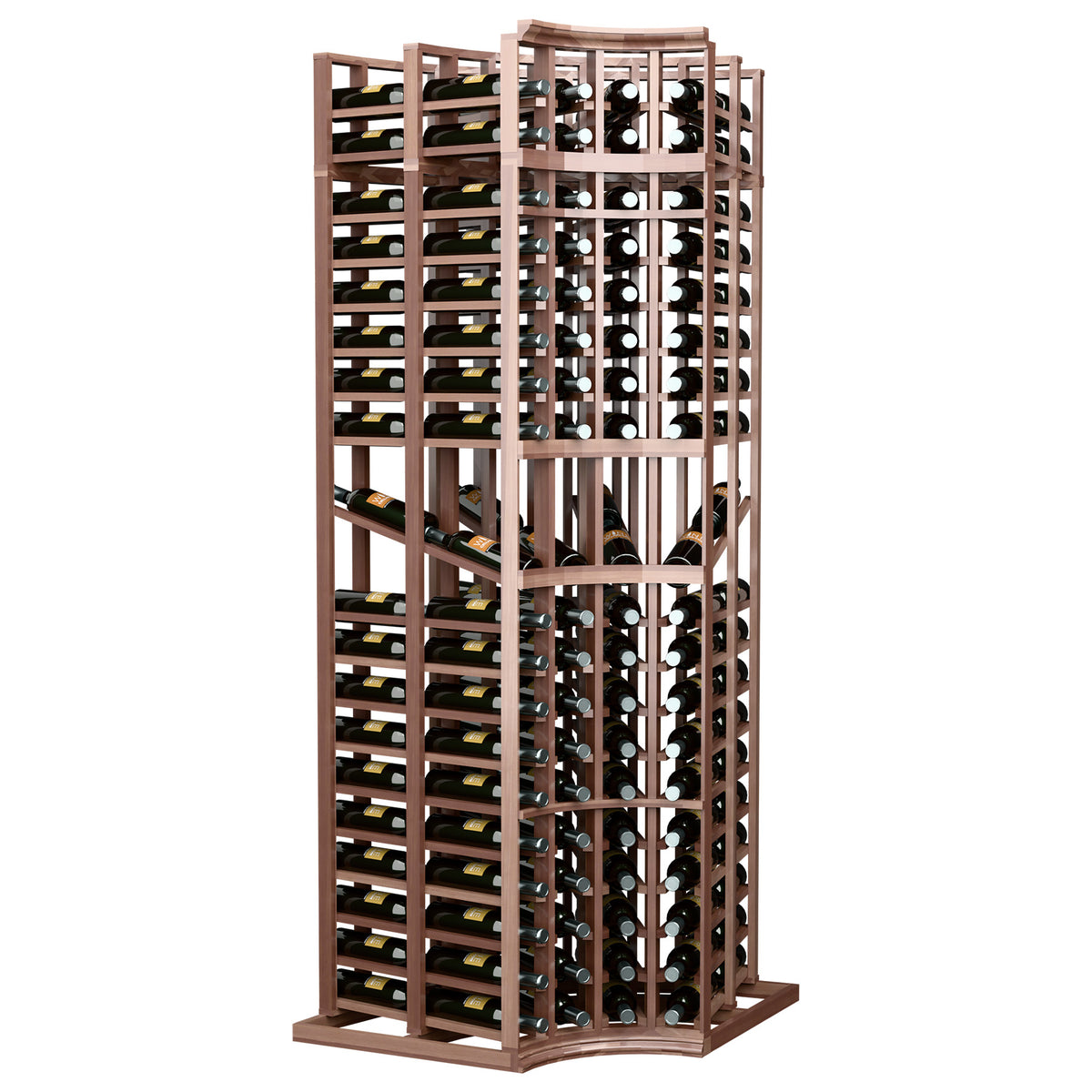 Curved-corner double deep wine display rack, dark wood frame with bottle storage slots