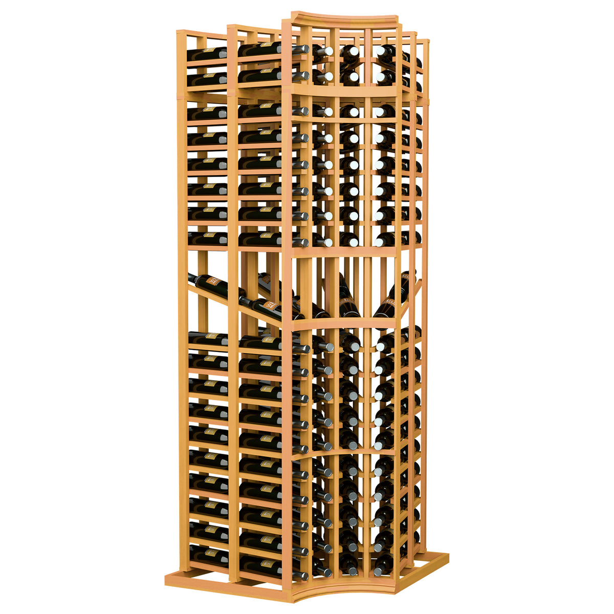 Curved-corner double deep wine display rack with golden wood frame and bottle cubbies