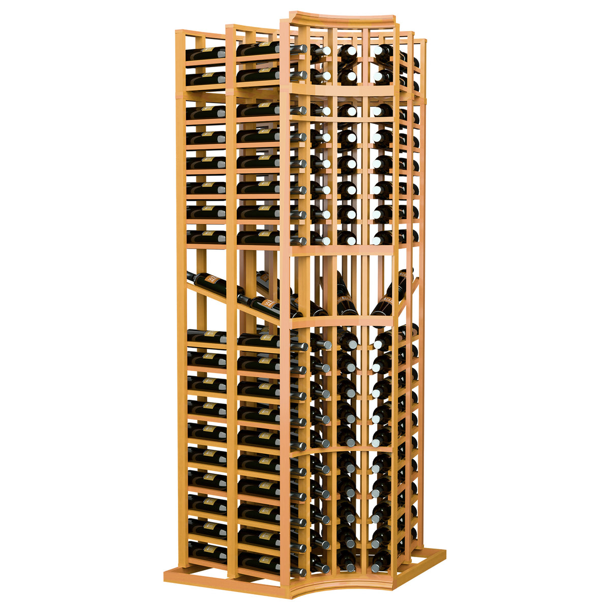 Curved-corner double deep wine display rack, golden wood frame with stacked bottle rows