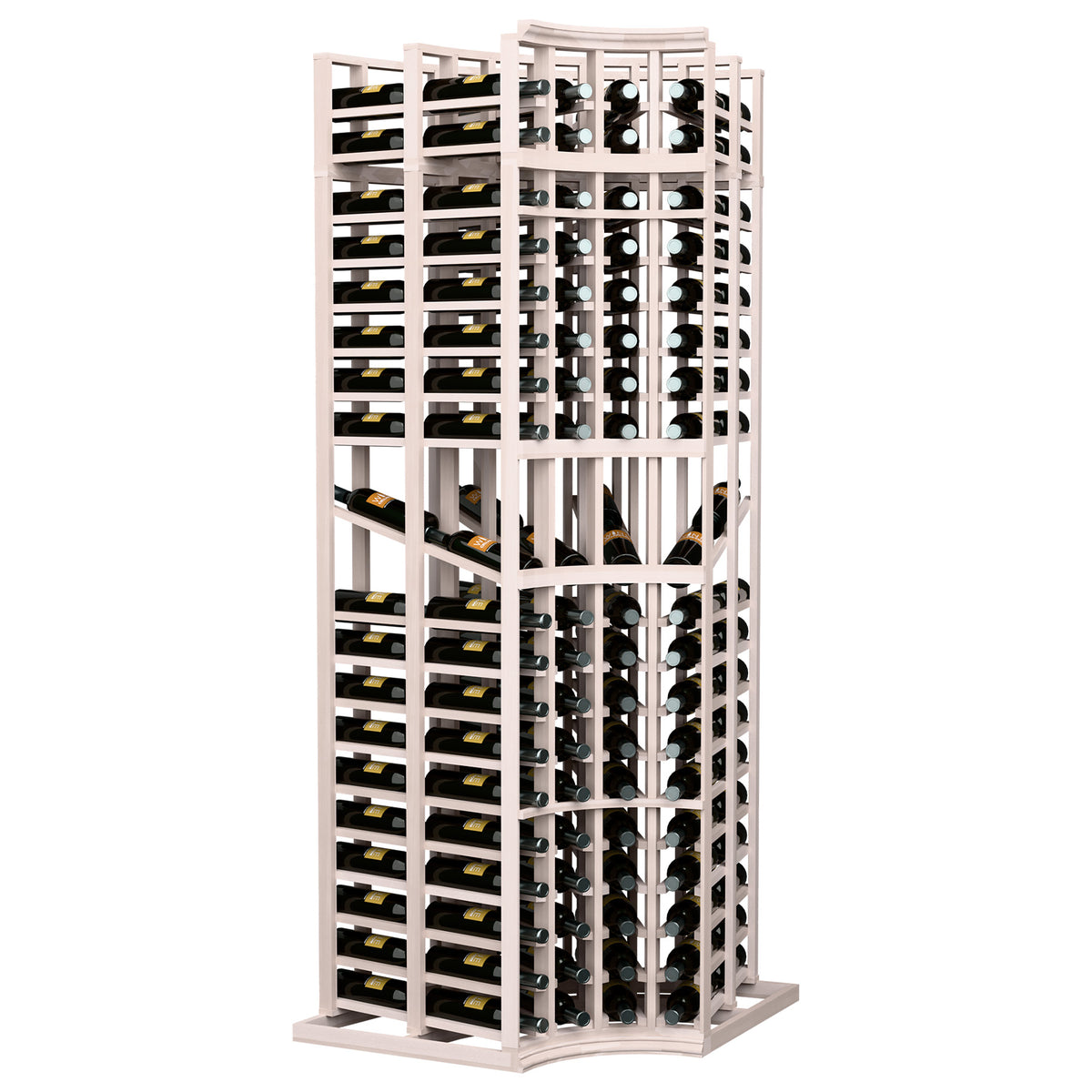 Curved-corner double deep wine display rack with whitewashed frame and bottle cubbies