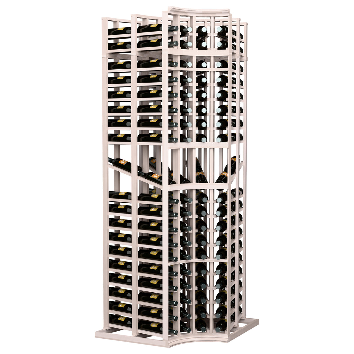 Curved-corner double deep wine display rack, whitewashed frame with organized bottle rows