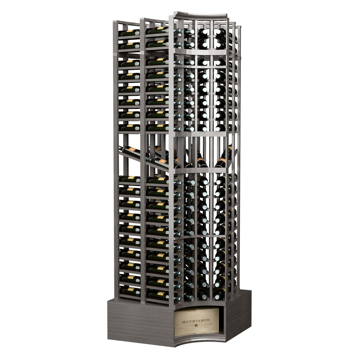 Curved corner wine bottle display rack with dark gray frame and rows of bottle openings