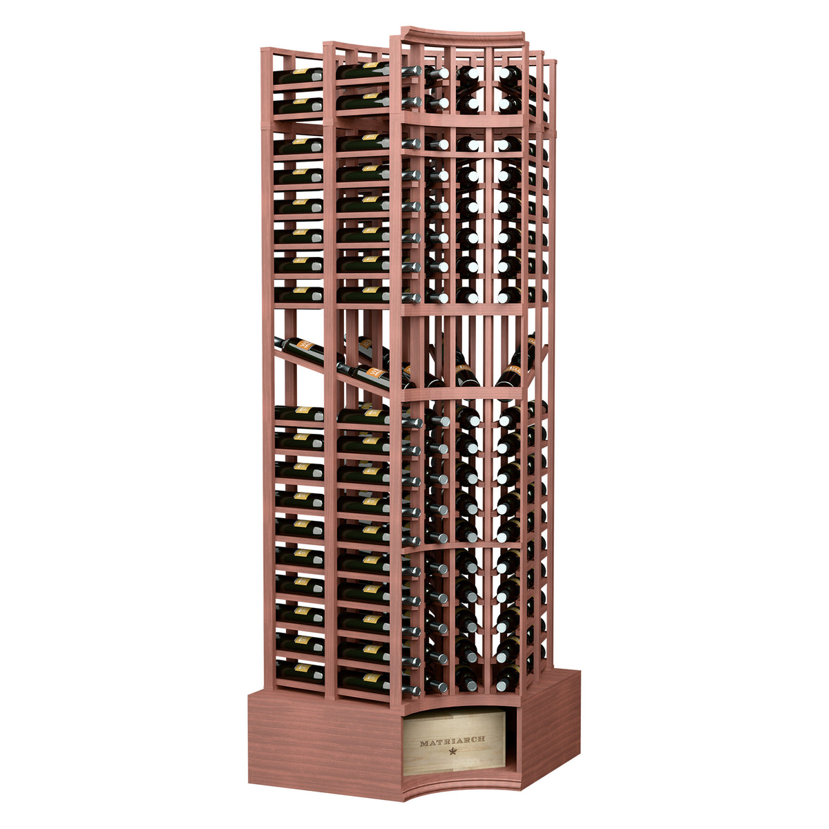 Curved corner wine bottle display rack in reddish brown wood with lattice bottle holders