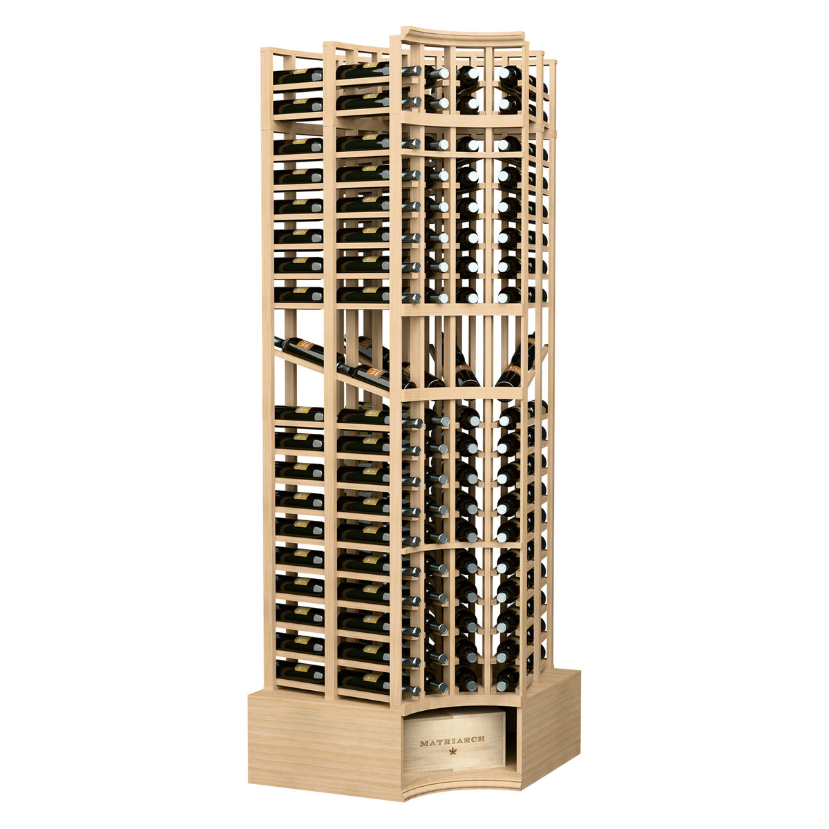 Curved corner wine bottle display rack in light wood with front grid for bottles