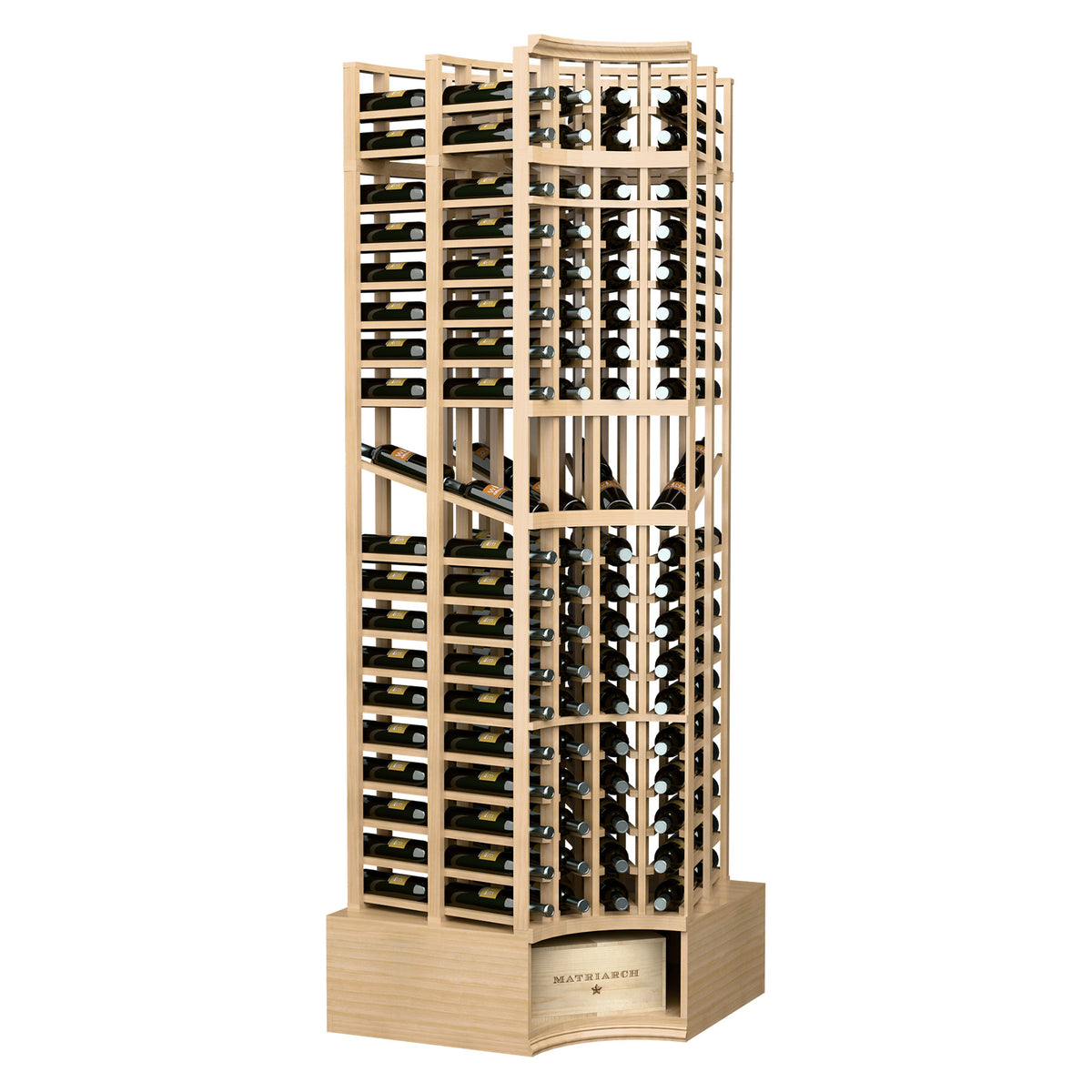 Curved corner wine bottle display rack in light wood with bottle holder lattice