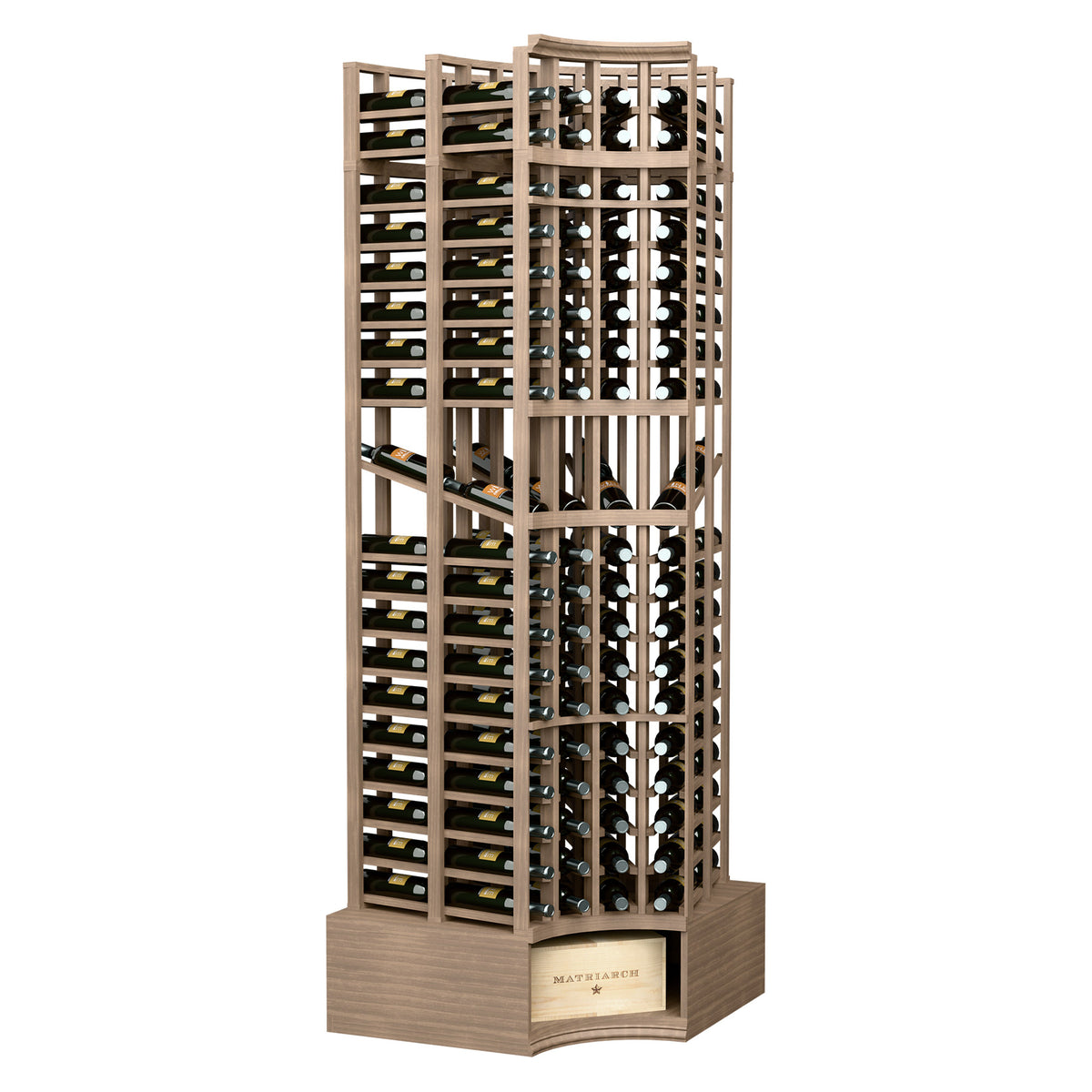 Curved corner wine bottle display rack in warm brown wood with bottle rows and base