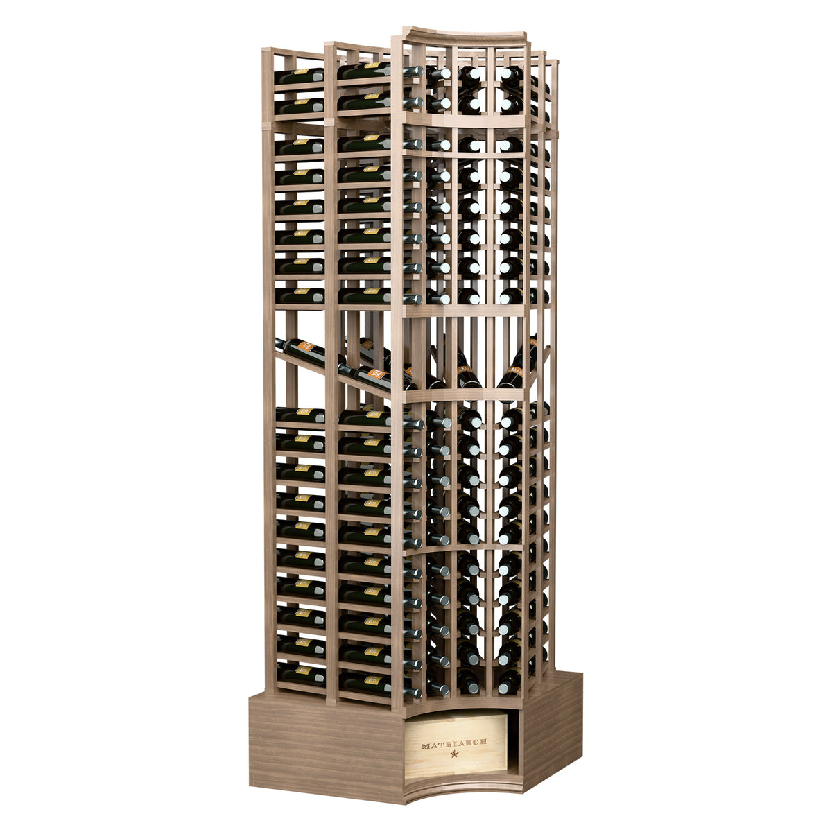 Curved corner wine bottle display rack in warm brown wood with curved bottom section