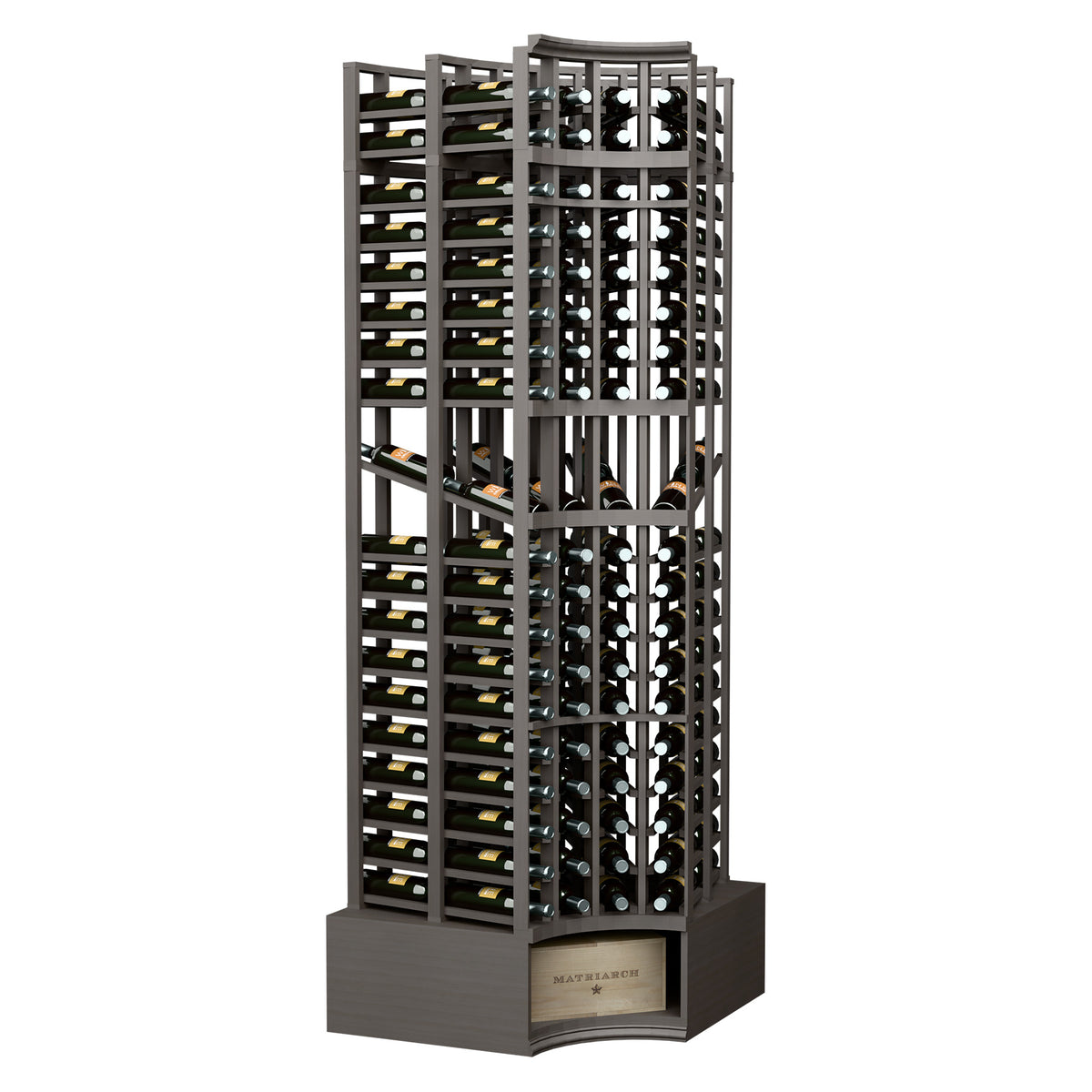 Curved corner wine bottle display rack in dark gray with bottle-opening lattice and base