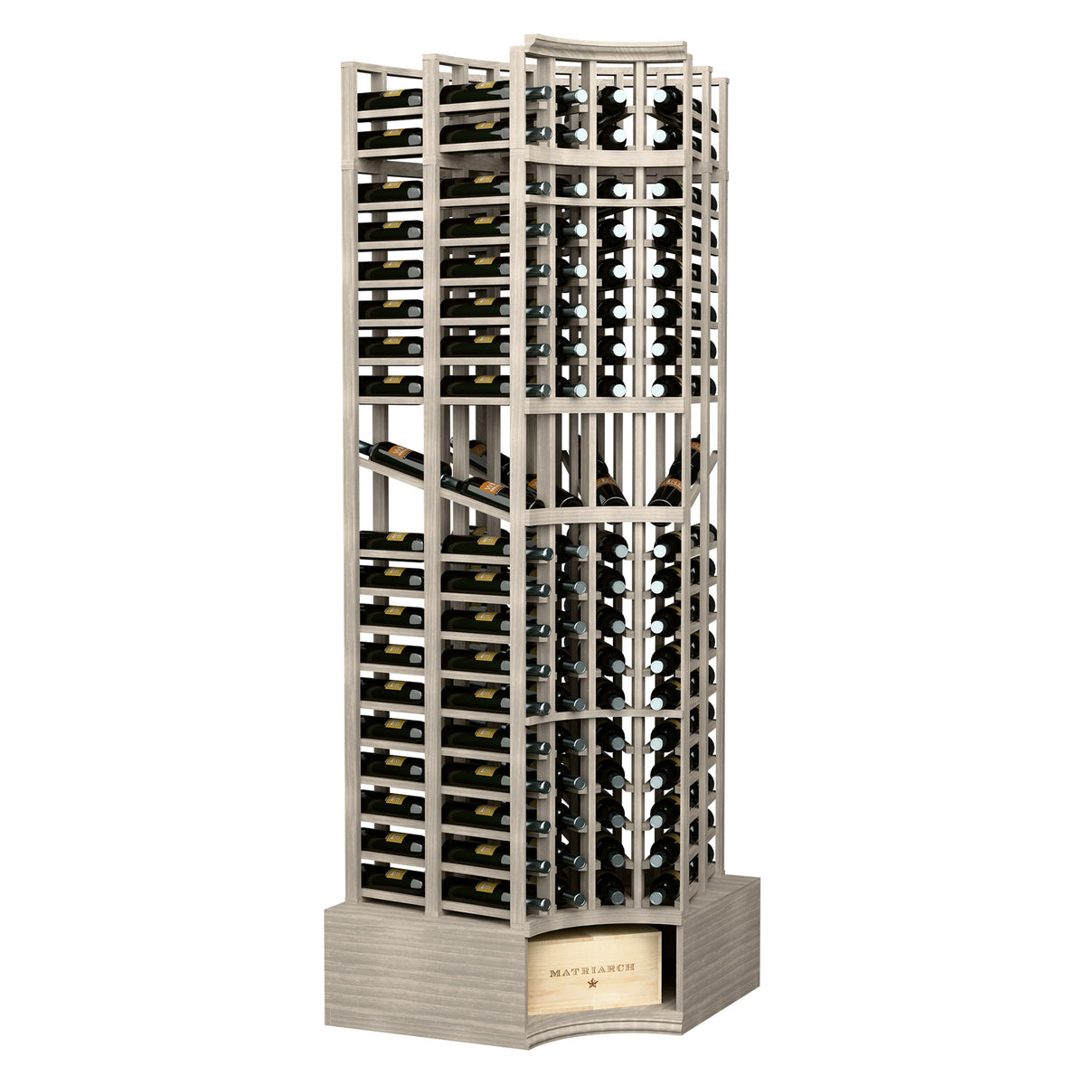 Light grey wine display rack with curved corner and multi-level bottle holders