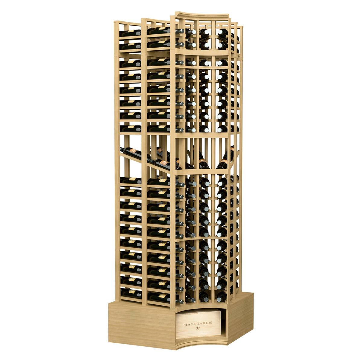 Light wood wine display rack with curved corner and multi-level bottle holders