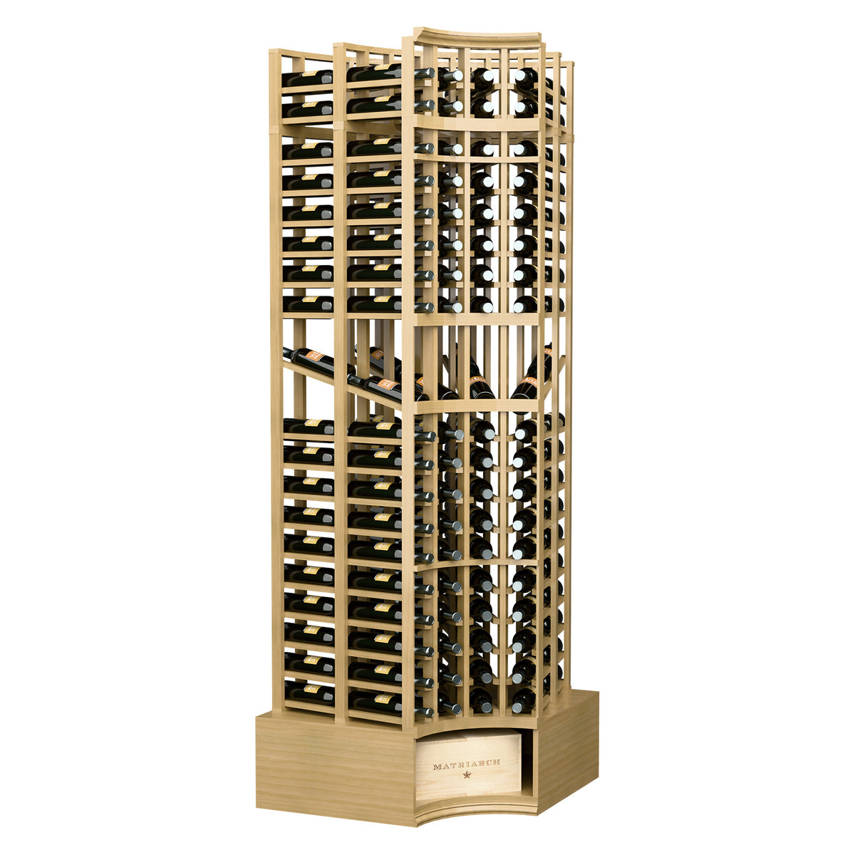 Warm light wood wine display rack with curved corner and multi-level bottle holders