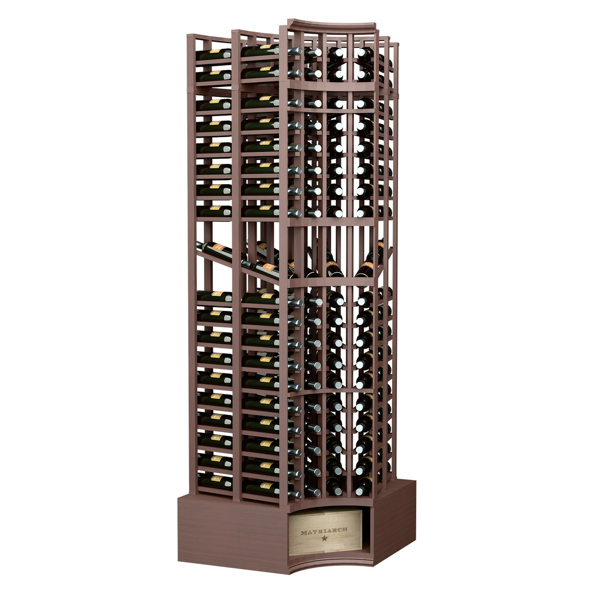 Medium dark wood wine display rack with curved corner and multi-level bottle holders