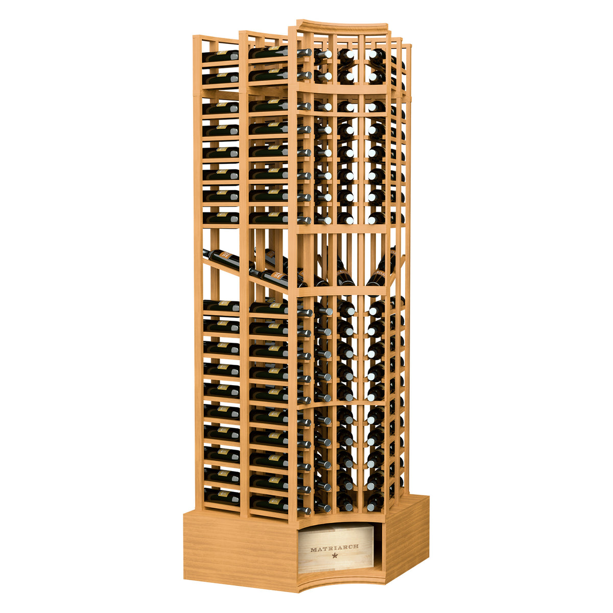Golden wood wine display rack with curved corner and multi-level bottle holders