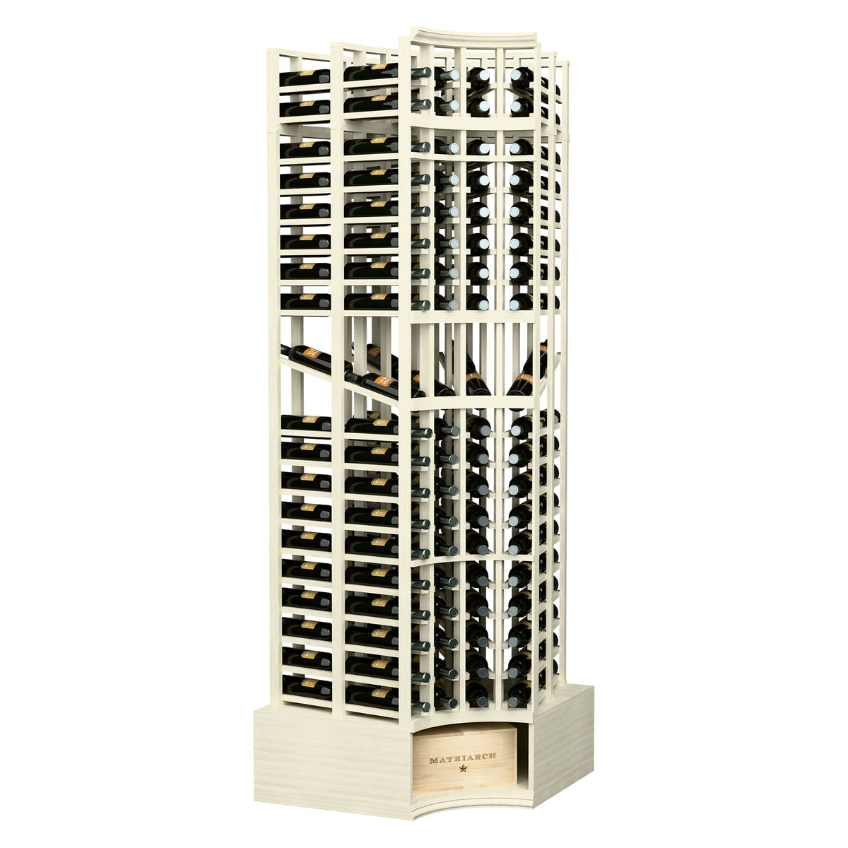 Whitewashed wine display rack with curved corner and multi-level bottle holders