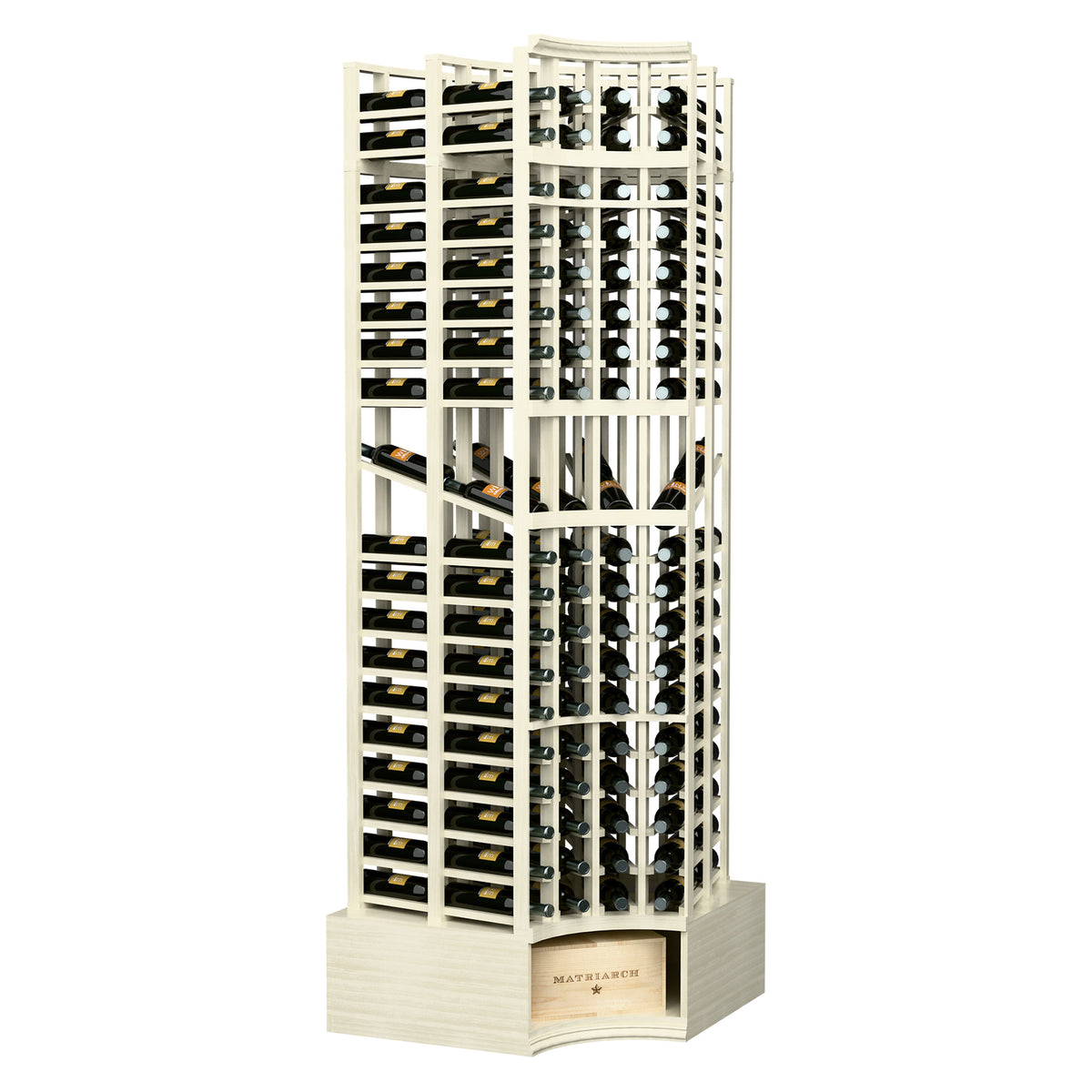 Curved corner wine bottle display rack in light wood with grid bottle holders